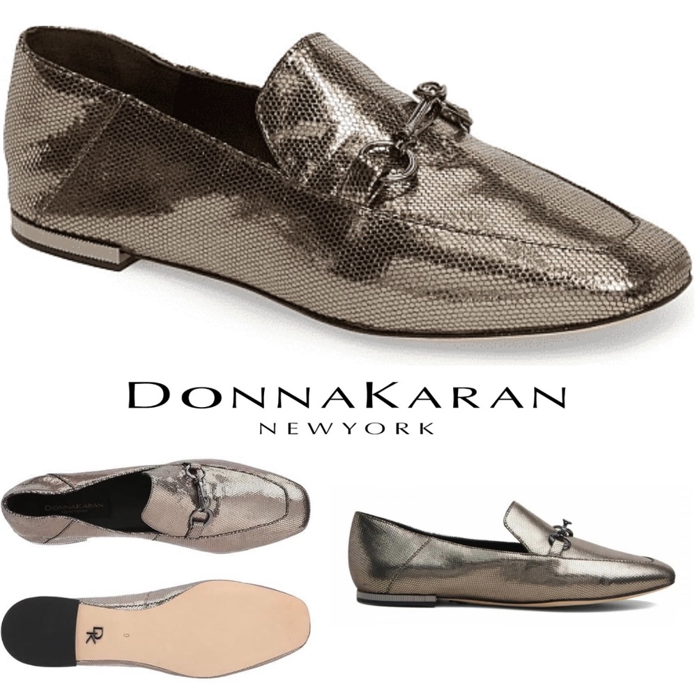 Donna Karan Debz Loafer Light Pewter Antique Metallic Leather Slip on Flat Mules